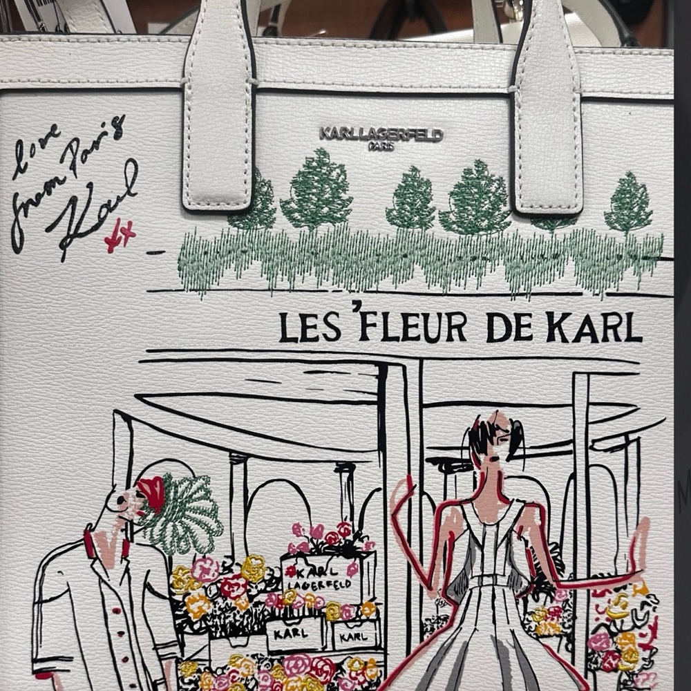Karl Lagerfeld White Floral Market Tote with Multicolor Illustration